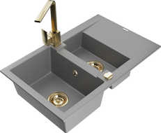 Mexen Gaspar granitový dřez 1,5-komorový s odkapávačem a kuchyňskou baterií Rita, šedý - 6507-71-670300-50