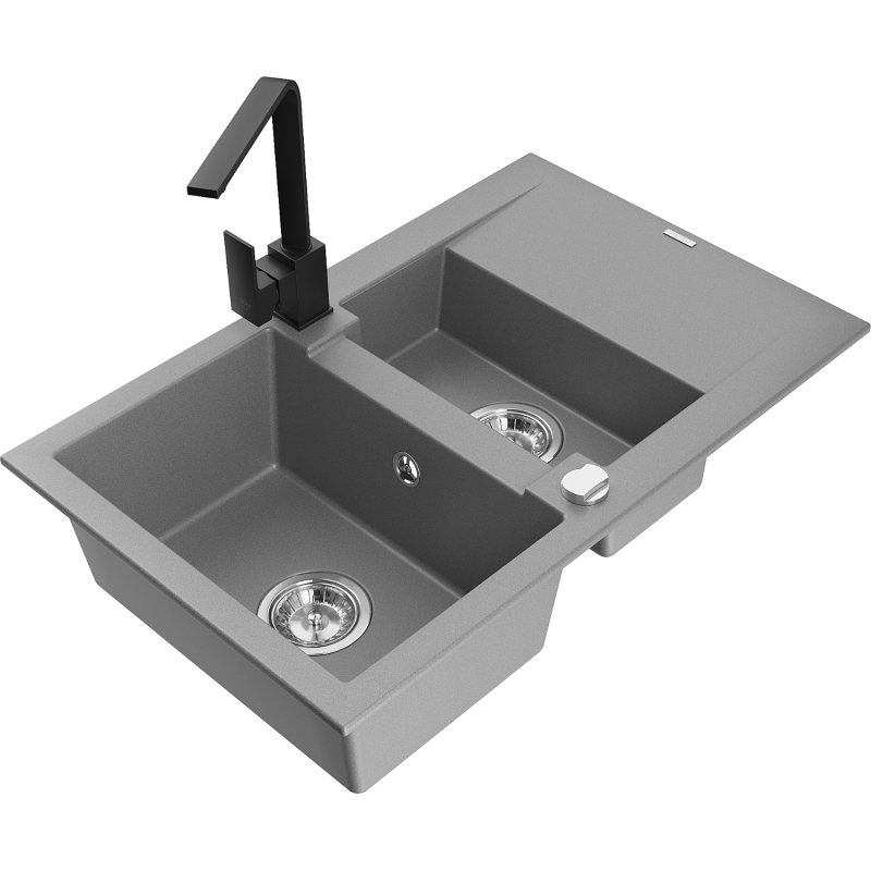Mexen Gaspar granitový dřez 1,5-komorový s odkapávačem a kuchyňskou baterií Rita, šedý - 6507-71-670300-70