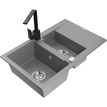 Mexen Gaspar granitový dřez 1,5-komorový s odkapávačem a kuchyňskou baterií Rita, šedý - 6507-71-670300-70