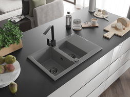 Mexen Gaspar granitový dřez 1,5-komorový s odkapávačem a kuchyňskou baterií Rita, šedý - 6507-71-670300-70-B