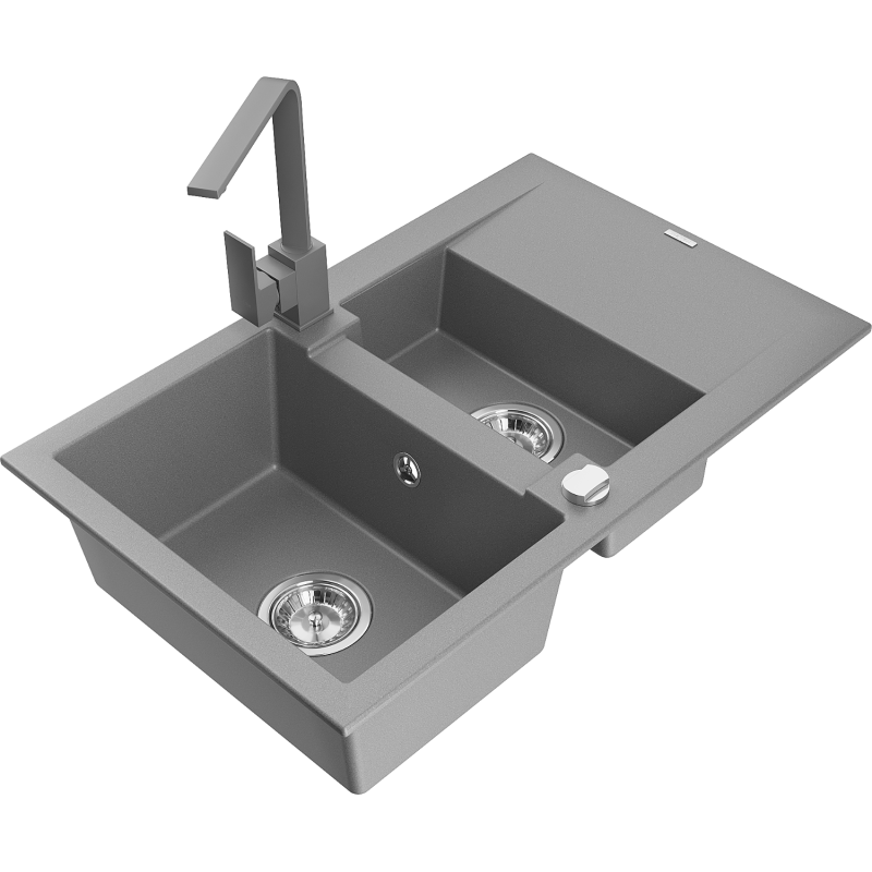 Mexen Gaspar granitový dřez 1,5-komorový s odkapávačem a kuchyňskou baterií Rita, šedý - 6507-71-670300-71
