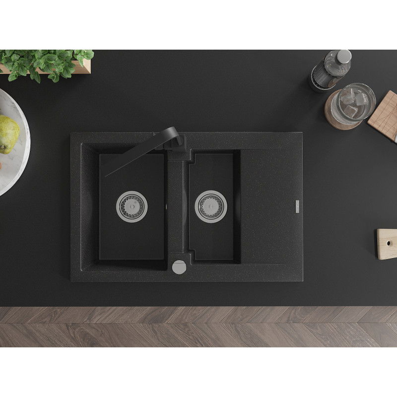 Mexen Gaspar žulový dřez 1,5-komorový s odkapávačem a kuchyňskou baterií Rita, černý/stříbrný metalik - 6507-73-670300-70