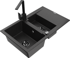 Mexen Gaspar granitový dřez 1,5-komorový s odkapávačem a kuchyňskou baterií Rita, černý/stříbrný - 6507-73-670300-70-B