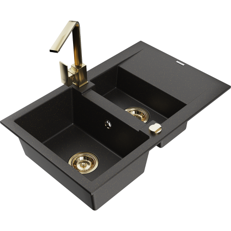 Mexen Gaspar granitový dřez 1,5-komorový s odkapávačem a kuchyňskou baterií Rita, černý/zlatý - 6507-75-670300-50