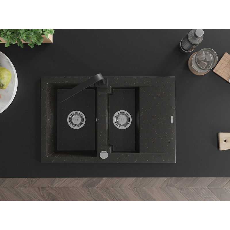 Mexen Gaspar granitový dřez 1,5-komorový s odkapávačem a kuchyňskou baterií Rita, černý/zlatý - 6507-75-670300-70