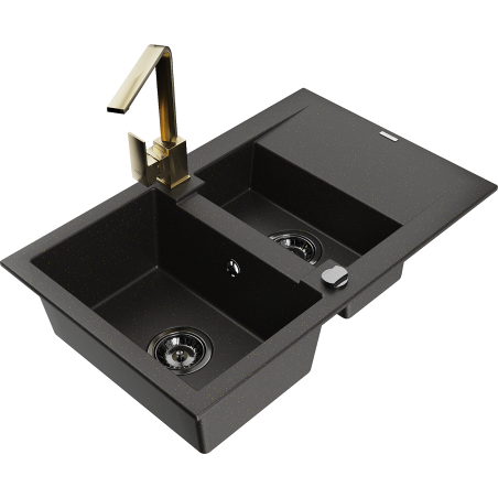 Mexen Gaspar granitový dřez 1,5-komorový s odkapávačem a kuchyňskou baterií Rita, černý/zlatý - 6507-75-670300-50-B