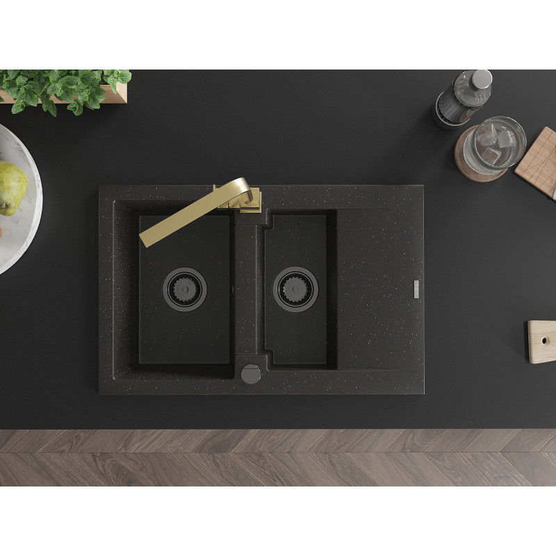 Mexen Gaspar granitový dřez 1,5-komorový s odkapávačem a kuchyňskou baterií Rita, černý/zlatý - 6507-75-670300-50-B