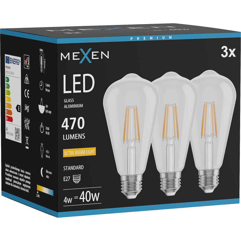 Mexen Vintis 3x LED filamentová žárovka E27, ST64, 4W, Teplá - 2200K, 470 lm, čirá - L152-E27-0422-00x03