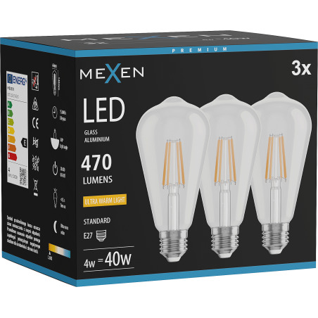 Mexen Vintis 3x LED filamentová žárovka E27, ST64, 4W, Teplá - 2200K, 470 lm, čirá - L152-E27-0422-00x03