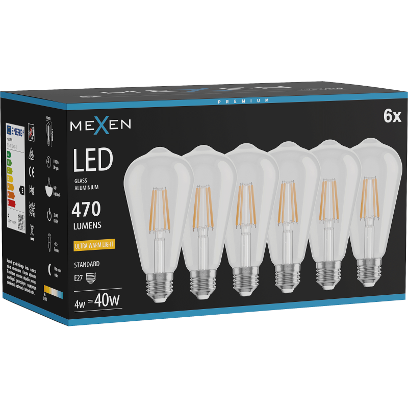 Mexen Vintis 6x žárovka filament LED E27, ST64, 4W, Teplá - 2200K, 470 lm, čirá - L152-E27-0422-00x06