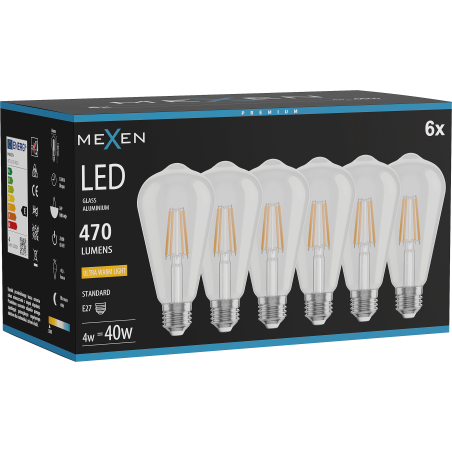 Mexen Vintis 6x žárovka filament LED E27, ST64, 4W, Teplá - 2200K, 470 lm, čirá - L152-E27-0422-00x06