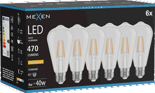 Mexen Vintis 6x žárovka filament LED E27, ST64, 4W, Teplá - 2200K, 470 lm, čirá - L152-E27-0422-00x06