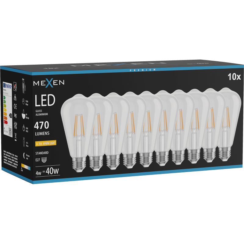 Mexen Vintis 10x LED filamentová žárovka E27, ST64, 4W, Teplá - 2200K, 470 lm, čirá - L152-E27-0422-00x10