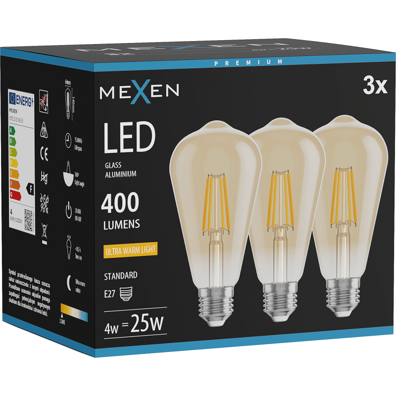 Mexen Vintis 3x LED filamentová žárovka E27, ST64, 4W, Teplá - 2200K, 400 lm, jantarová - L152-E27-0422-50x03