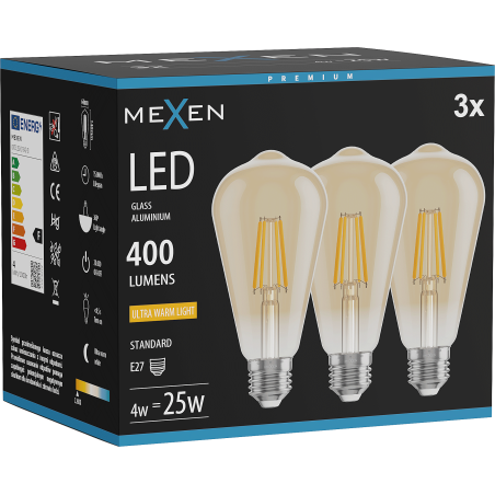 Mexen Vintis 3x LED filamentová žárovka E27, ST64, 4W, Teplá - 2200K, 400 lm, jantarová - L152-E27-0422-50x03