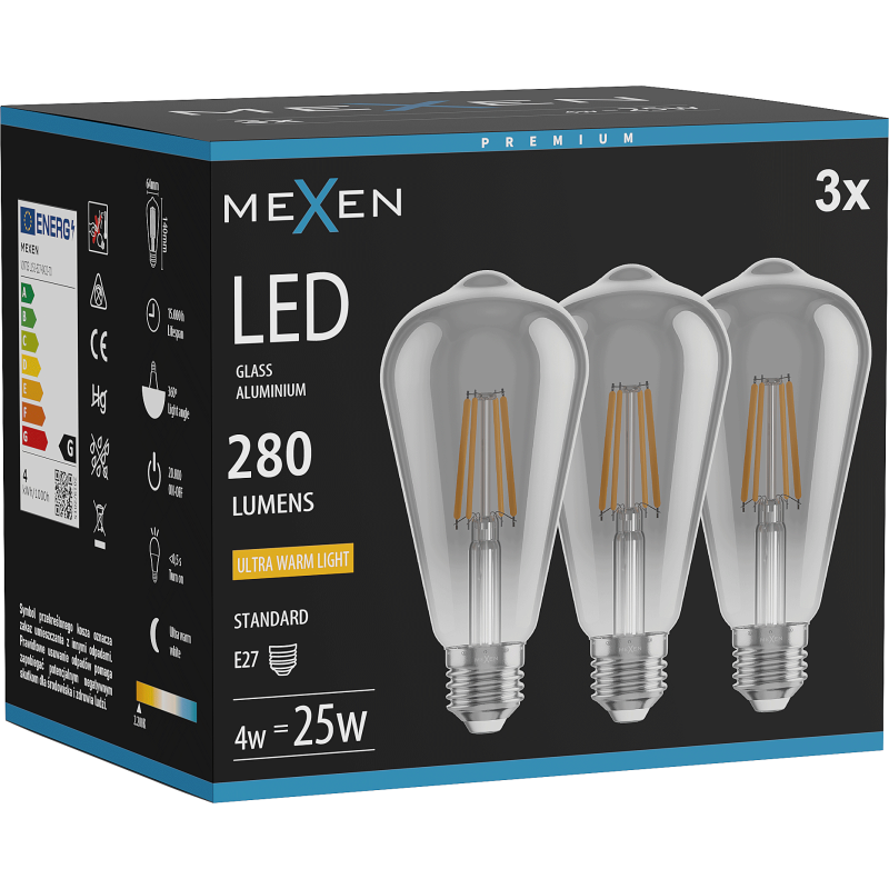 Mexen Vintis 3x žárovka filament LED E27, ST64, 4W, Teplá - 2200K, 300 lm, kouřová - L152-E27-0422-70x03