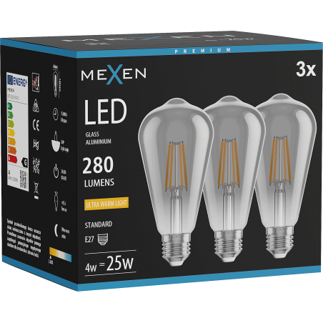 Mexen Vintis 3x žárovka filament LED E27, ST64, 4W, Teplá - 2200K, 300 lm, kouřová - L152-E27-0422-70x03