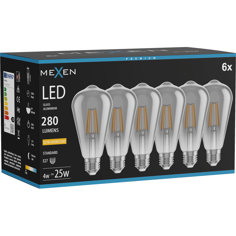 Mexen Vintis 6x LED vláknová žárovka E27, ST64, 4W, Teplá - 2200K, 300 lm, smoke - L152-E27-0422-70x06