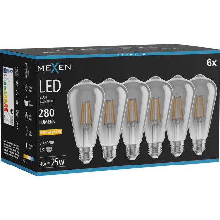 Mexen Vintis 6x LED vláknová žárovka E27, ST64, 4W, Teplá - 2200K, 300 lm, smoke - L152-E27-0422-70x06