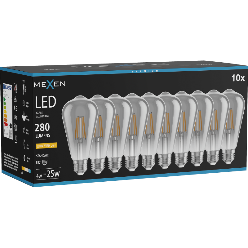 Mexen Vintis 10x žárovka filament LED E27, ST64, 4W, Teplá - 2200K, 300 lm, smoke - L152-E27-0422-70x10