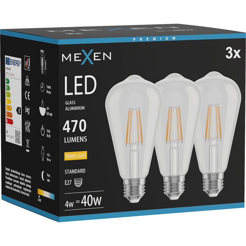 Mexen Vintis 3x Žárovka filament LED E27, ST64, 4W, Teplá - 2700K, 470 lm, čirá - L152-E27-0427-00x03