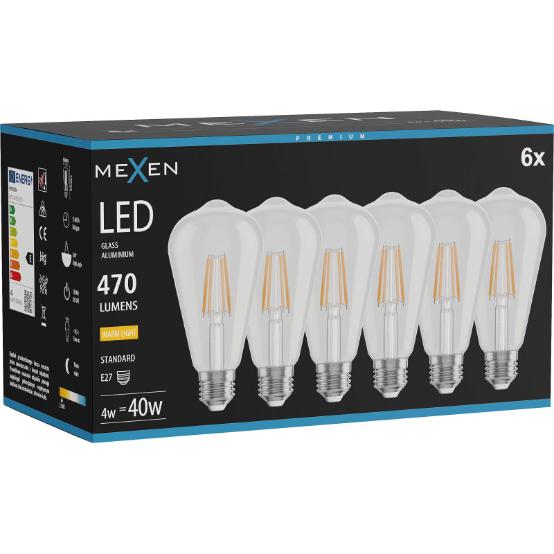 Mexen Vintis 6x žárovka filament LED E27, ST64, 4W, Teplá - 2700K, 470 lm, čirá - L152-E27-0427-00x06