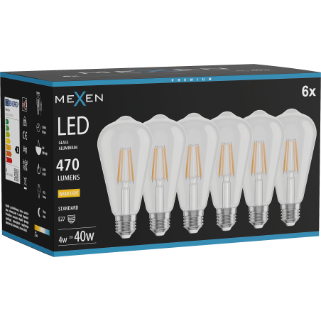 Mexen Vintis 6x žárovka filament LED E27, ST64, 4W, Teplá - 2700K, 470 lm, čirá - L152-E27-0427-00x06