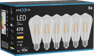 Mexen Vintis 6x žárovka filament LED E27, ST64, 4W, Teplá - 2700K, 470 lm, čirá - L152-E27-0427-00x06