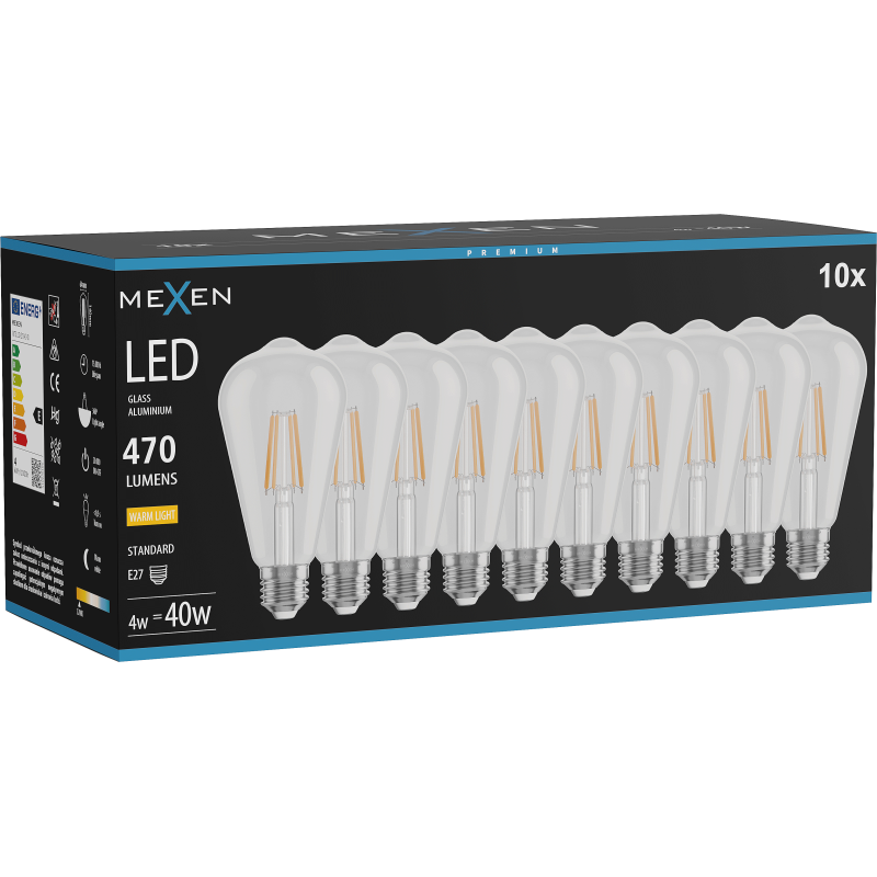Mexen Vintis 10x Žárovka filament LED E27, ST64, 4W, Teplá - 2700K, 470 lm, čirá - L152-E27-0427-00x10