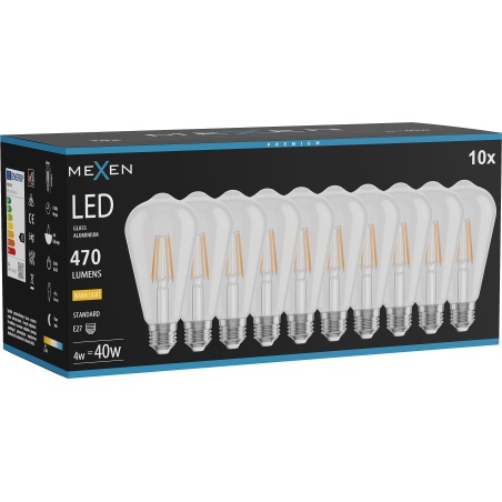 Mexen Vintis 10x Žárovka filament LED E27, ST64, 4W, Teplá - 2700K, 470 lm, čirá - L152-E27-0427-00x10