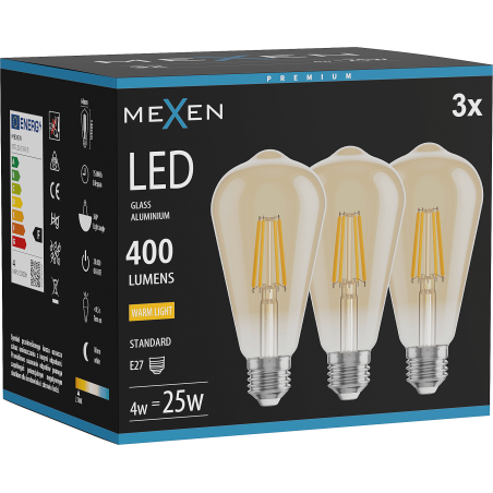 Mexen Vintis 3x Filamentová LED žárovka E27, ST64, 4W, Teplá - 2700K, 400 lm, jantarová - L152-E27-0427-50x03