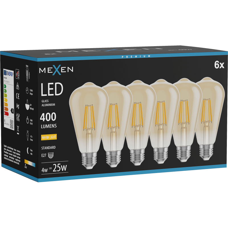 Mexen Vintis 6x LED filamentová žárovka E27, ST64, 4W, Teplá - 2700K, 400 lm, jantarová - L152-E27-0427-50x06