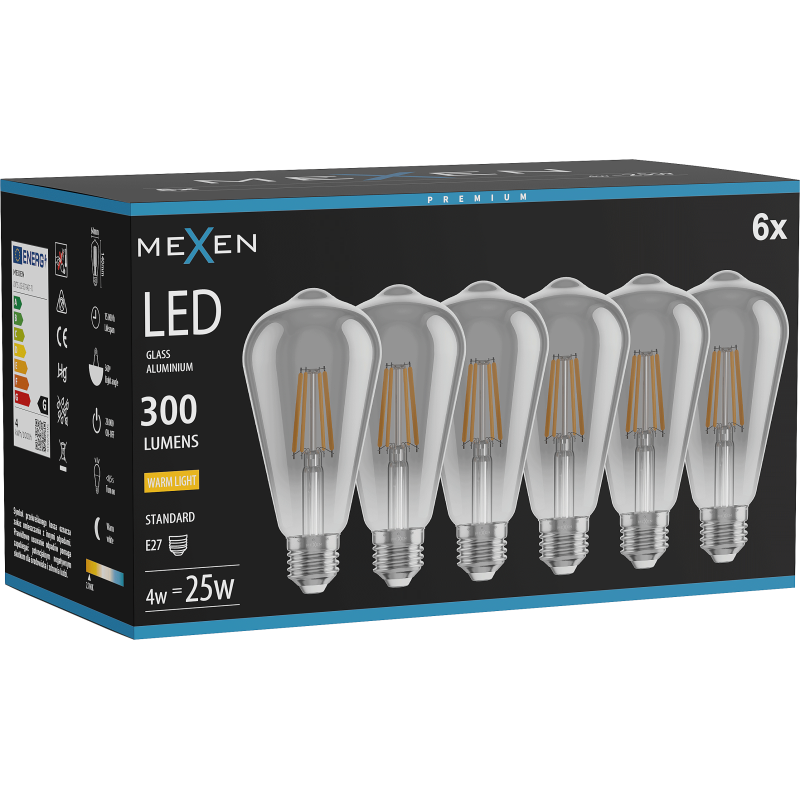 Mexen Vintis 6x žárovka filament LED E27, ST64, 4W, Teplá - 2700K, 300 lm, kouřová - L152-E27-0427-70x06