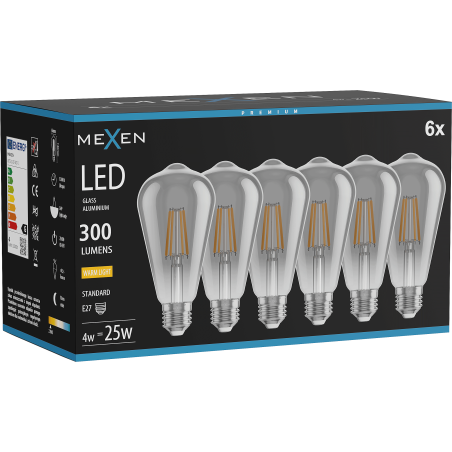 Mexen Vintis 6x žárovka filament LED E27, ST64, 4W, Teplá - 2700K, 300 lm, kouřová - L152-E27-0427-70x06