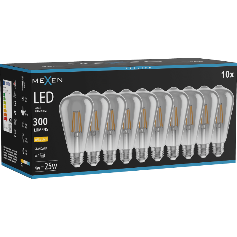 Mexen Vintis 10x žárovka filament LED E27, ST64, 4W, Teplá - 2700K, 300 lm, kouřová - L152-E27-0427-70x10
