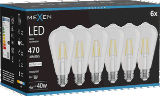 Mexen Vintis 6x Žárovka filament LED E27, ST64, 4W, Neutrální - 4000K, 470 lm, čirá - L152-E27-0440-00x06