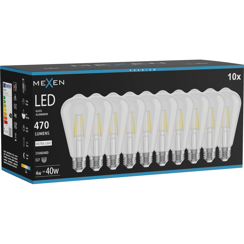 Mexen Vintis 10x LED žárovka filament E27, ST64, 4W, Neutrální - 4000K, 470 lm, čirý - L152-E27-0440-00x10