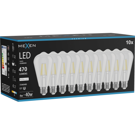 Mexen Vintis 10x LED žárovka filament E27, ST64, 4W, Neutrální - 4000K, 470 lm, čirý - L152-E27-0440-00x10