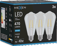 Mexen Vintis 3x LED žárovka filament E27, ST64, 4W, Studená - 6500K, 470 lm, čirá - L152-E27-0465-00x03