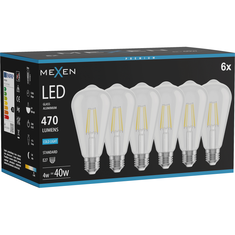 Mexen Vintis 6x Žárovka filament LED E27, ST64, 4W, Studená - 6500K, 470 lm, čirá - L152-E27-0465-00x06