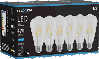 Mexen Vintis 6x Žárovka filament LED E27, ST64, 4W, Studená - 6500K, 470 lm, čirá - L152-E27-0465-00x06