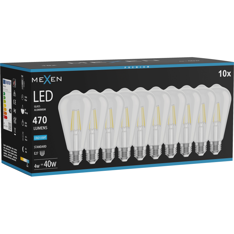 Mexen Vintis 10x LED vlákno žárovka E27, ST64, 4W, Studená - 6500K, 470 lm, čirá - L152-E27-0465-00x10