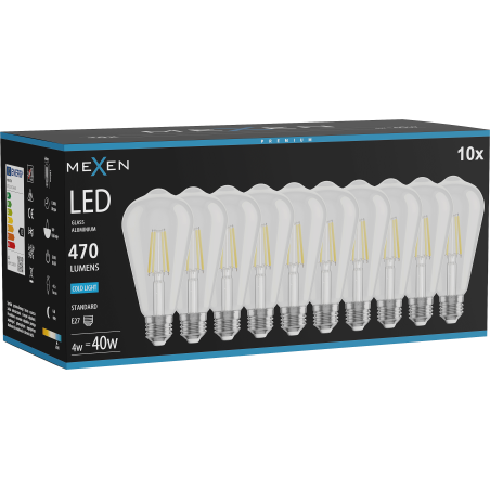 Mexen Vintis 10x LED vlákno žárovka E27, ST64, 4W, Studená - 6500K, 470 lm, čirá - L152-E27-0465-00x10