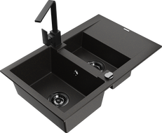 Mexen Gaspar žulový dřez 1,5-komorový s odkapávačem a kuchyňskou baterií Rita, černý/zlatý - 6507-75-670300-70-B