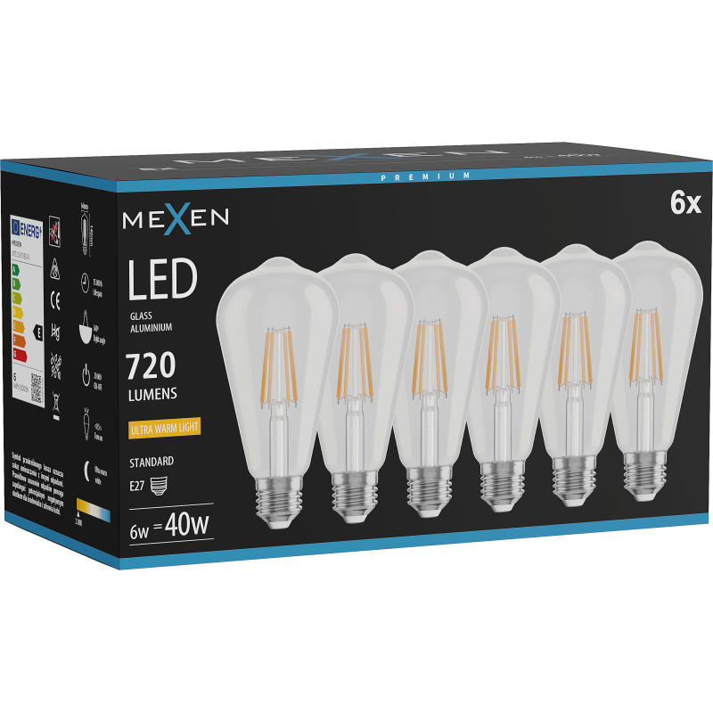 Mexen Vintis 6x LED filamentová žárovka E27, ST64, 6W, Teplá - 2200K, 720 lm, čirá - L152-E27-0622-00x06