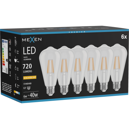 Mexen Vintis 6x LED filamentová žárovka E27, ST64, 6W, Teplá - 2200K, 720 lm, čirá - L152-E27-0622-00x06