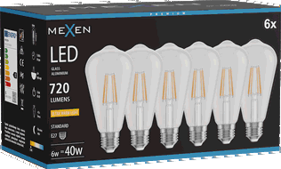Mexen Vintis 6x LED filamentová žárovka E27, ST64, 6W, Teplá - 2200K, 720 lm, čirá - L152-E27-0622-00x06