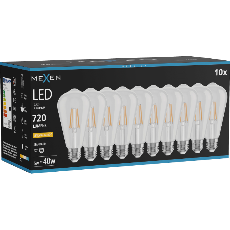 Mexen Vintis 10x LED žárovka filament E27, ST64, 6W, Teplá - 2200K, 720 lm, čirá - L152-E27-0622-00x10