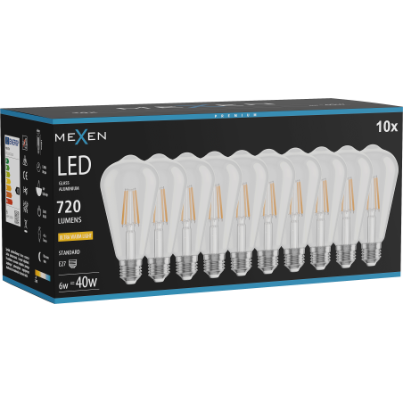 Mexen Vintis 10x LED žárovka filament E27, ST64, 6W, Teplá - 2200K, 720 lm, čirá - L152-E27-0622-00x10