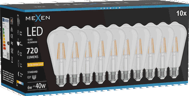 Mexen Vintis 10x LED žárovka filament E27, ST64, 6W, Teplá - 2200K, 720 lm, čirá - L152-E27-0622-00x10